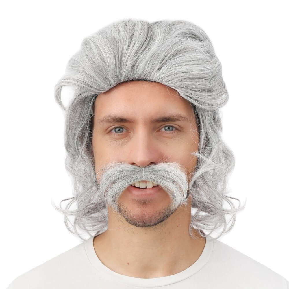 Perruque mi-longue grise avec moustache - 23997 - Perruques