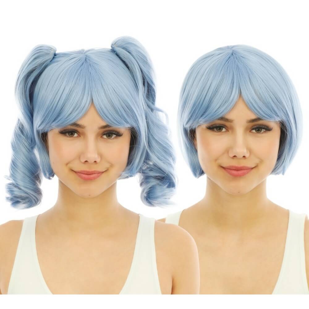 Perruque courte luxe bleu clair avec couettes détachables - 24018 - Perruques
