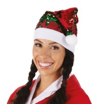 Bonnet Père Noël sequins réversibles rouge vert adulte - 19422 - Chapeaux