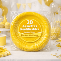 20 Assiettes rondes jaune 22 cm réutilisables - 141733 - Assiettes