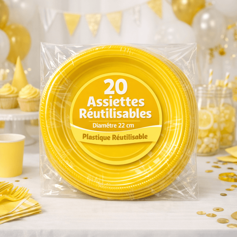 20 Assiettes rondes jaune 22 cm réutilisables - 141733 - Assiettes