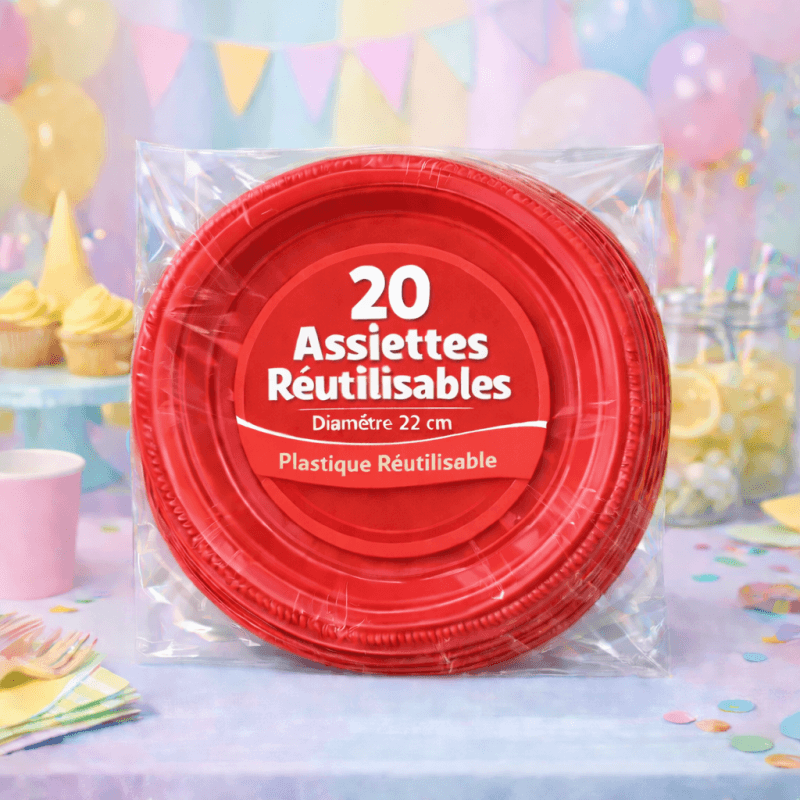 20 Assiettes rondes rouge 22 cm réutilisables - 141732 - Assiettes
