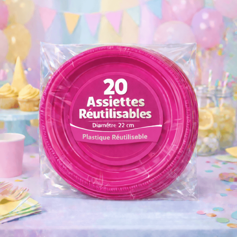 20 Assiettes rondes fuchsia 22 cm réutilisables - 141735 - Assiettes