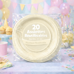 20 Assiettes rondes ivoire 22 cm réutilisables - 141738 - Assiettes