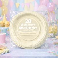 20 Assiettes rondes ivoire 22 cm réutilisables - 141738 - Assiettes