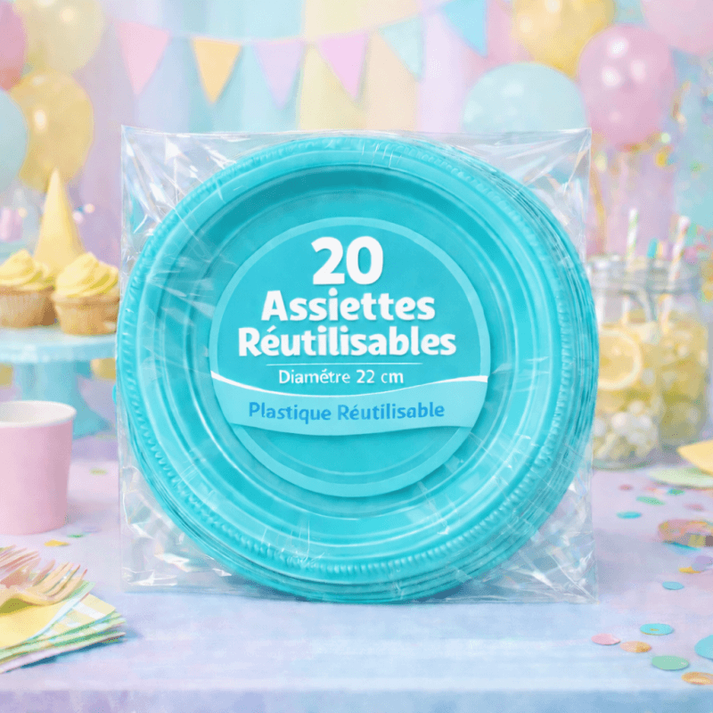 20 Assiettes rondes aqua 22 cm réutilisables - 141728 - Assiettes