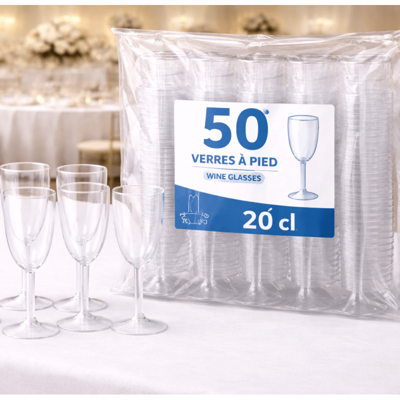 50 Verres à vin réutilisables 20 cl – Plastique rigide - 50V005 - Gobelets