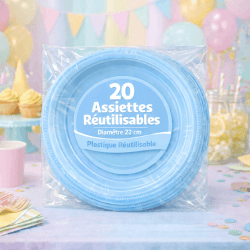 20 Assiettes rondes bleu ciel 22 cm réutilisables - 141726 - Assiettes