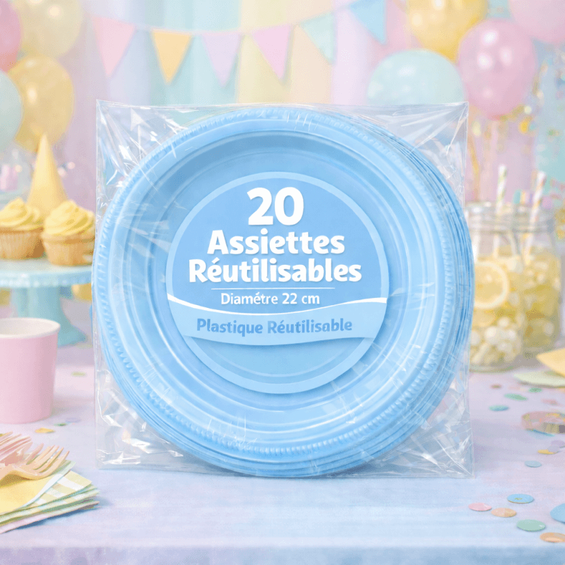20 Assiettes rondes bleu ciel 22 cm réutilisables - 141726 - Assiettes