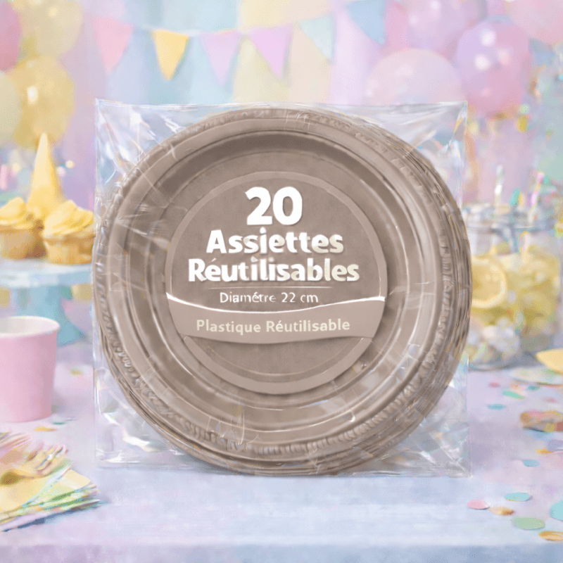 20 Assiettes rondes taupe 22 cm réutilisables - 141742 - Assiettes