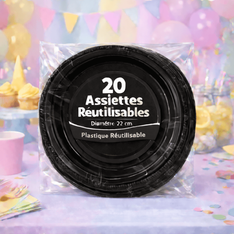 20 Assiettes rondes noir 22 cm réutilisables - 141744 - Assiettes