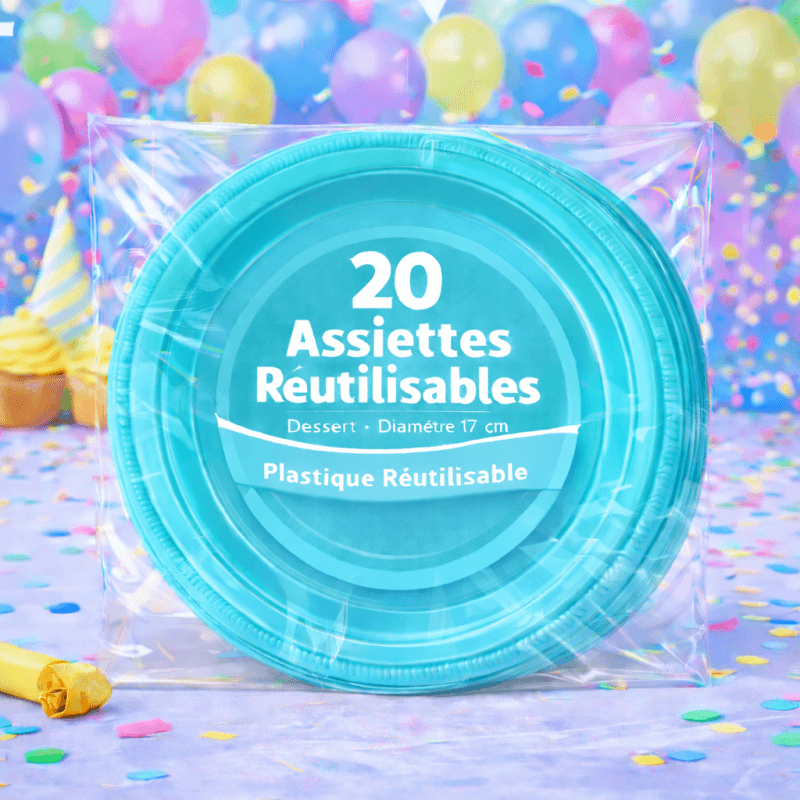 20 Assiettes rondes turquoise 17 cm réutilisables - 141749 - Assiettes