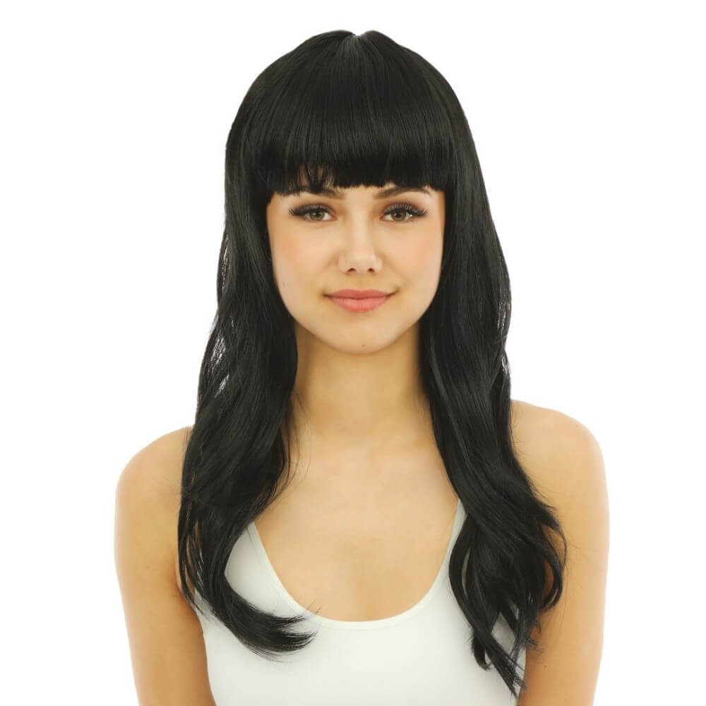 Perruque longue raide avec frange - noir - 68061 - Perruques