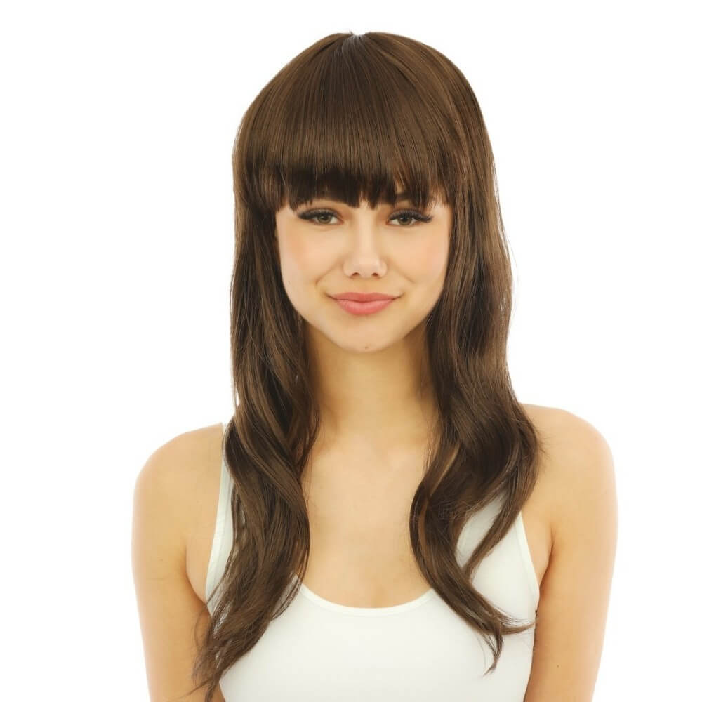 Perruque longue raide avec frange - brun - 68062 - Perruques