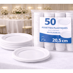 50 assiettes plastiques blanches 20,5 cm réutilisables - 141162 - Assiettes