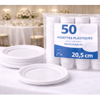 50 assiettes plastiques blanches 20,5 cm réutilisables - 141162 - Assiettes