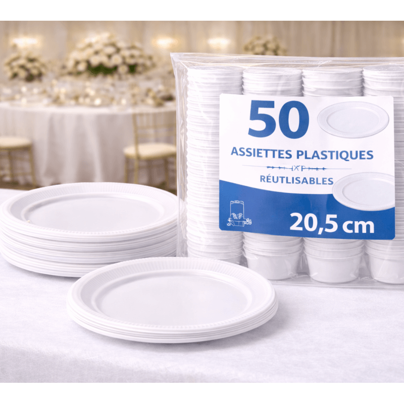 50 assiettes plastiques blanches 20,5 cm réutilisables - 141162 - Assiettes