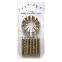 12 Bougies Or 6 cm + 12 Supports – Anniversaire - 43046 - Bougies pour Anniversaire