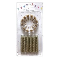 12 Bougies Or 6 cm + 12 Supports – Anniversaire - 43046 - Bougies pour Anniversaire