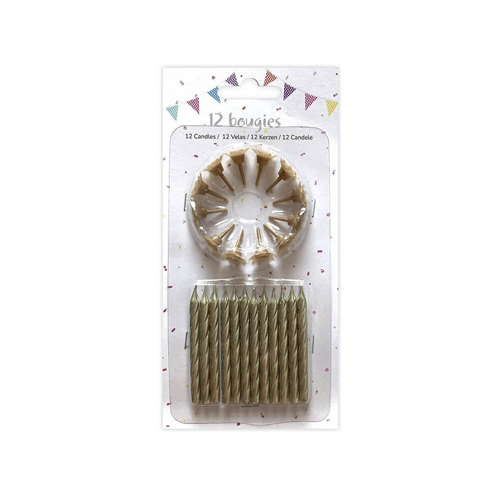 12 Bougies Or 6 cm + 12 Supports – Anniversaire - 43046 - Bougies pour Anniversaire