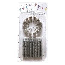 12 Bougies Argent 6 cm + 12 Supports – Anniversaire - 43047 - Bougies pour Anniversaire