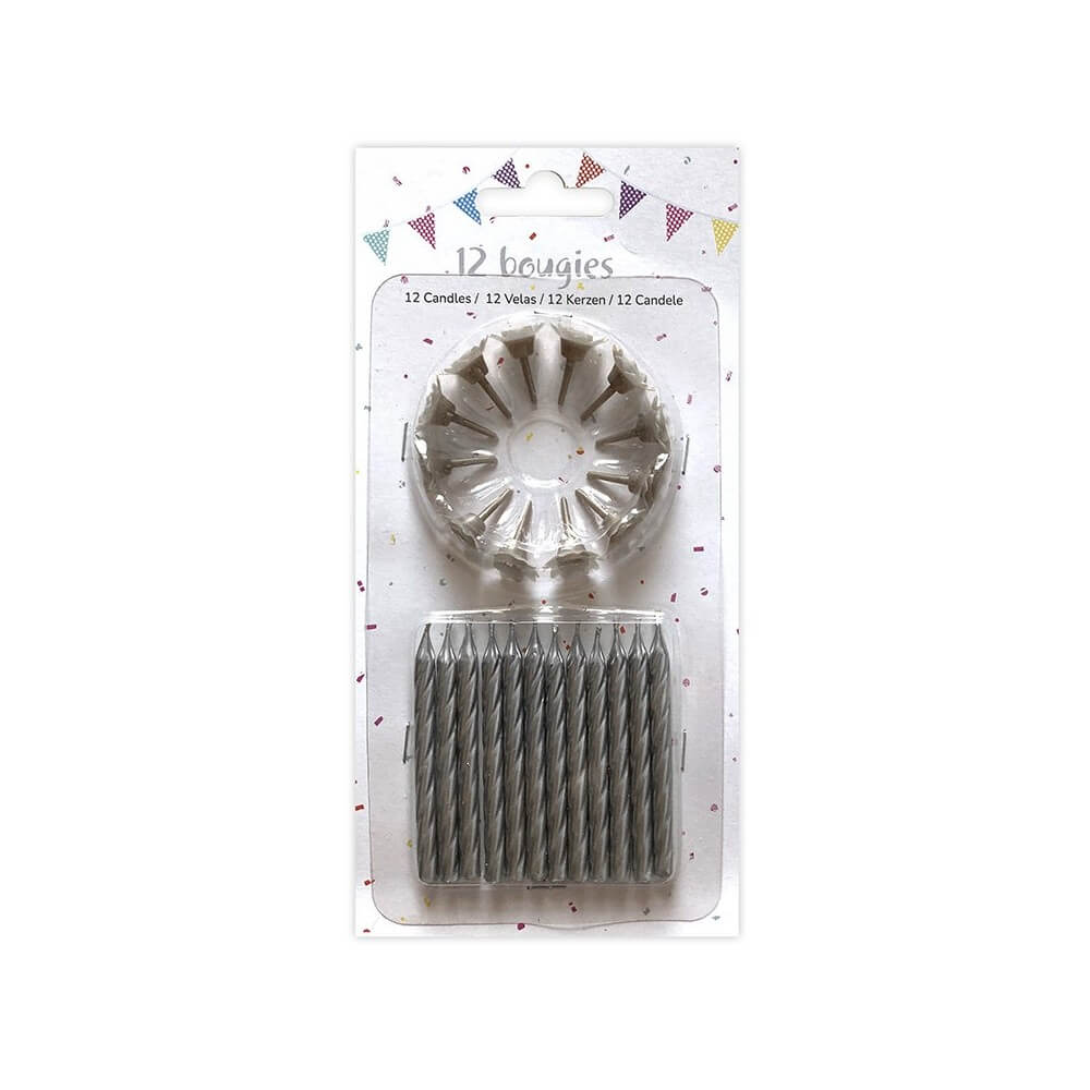 12 Bougies Argent 6 cm + 12 Supports – Anniversaire - 43047 - Bougies pour Anniversaire