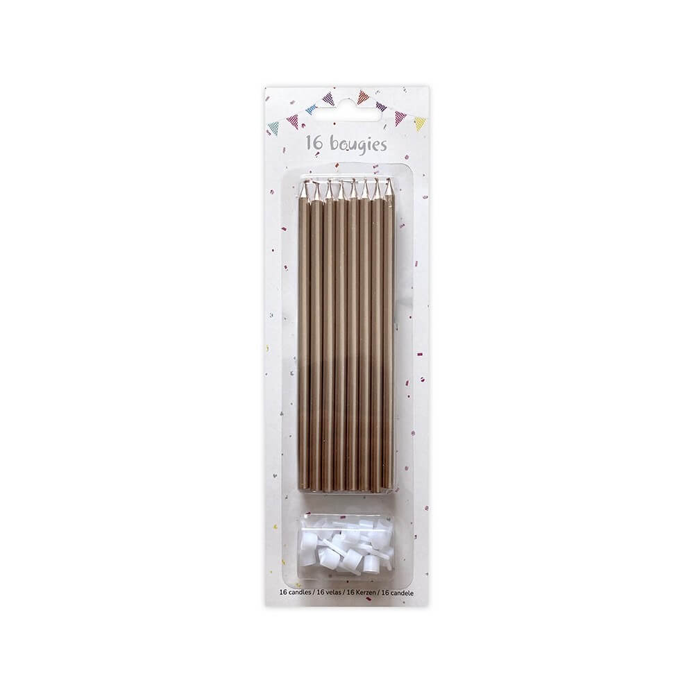 16 Bougies Rose Gold 14,5 cm + Supports – Anniversaire Chic - 43048 - Bougies pour Anniversaire