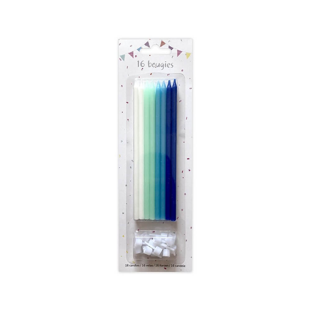 16 Bougies Bleu Mix 14,5 cm + Supports – Anniversaire - 43061 - Bougies pour Anniversaire