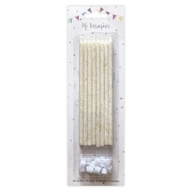 16 Bougies Blanc Glitter Or 14,5 cm + Supports – Anniversaire - 43062 - Bougies pour Anniversaire