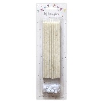 16 Bougies Blanc Glitter Or 14,5 cm + Supports – Anniversaire - 43062 - Bougies pour Anniversaire