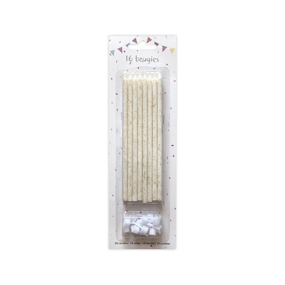 16 Bougies Blanc Glitter Or 14,5 cm + Supports – Anniversaire - 43062 - Bougies pour Anniversaire