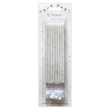16 Bougies Blanc Glitter Argent 14,5 cm + Supports – Anniversaire - 43063 - Bougies pour Anniversaire