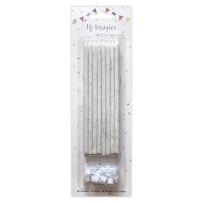 16 Bougies Blanc Glitter Argent 14,5 cm + Supports – Anniversaire - 43063 - Bougies pour Anniversaire