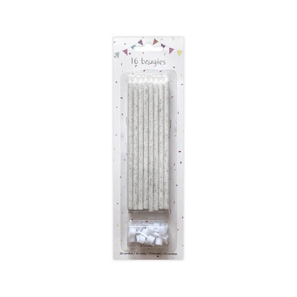 16 Bougies Blanc Glitter Argent 14,5 cm + Supports – Anniversaire - 43063 - Bougies pour Anniversaire