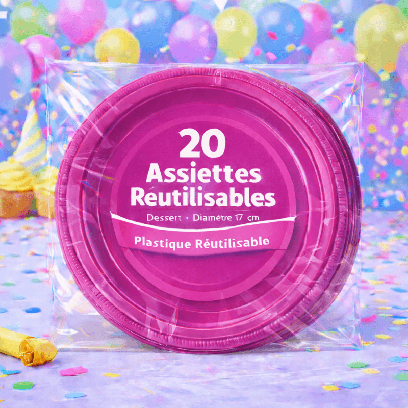 20 Assiettes rondes fuchsia 17 cm réutilisables - 141757 - Assiettes