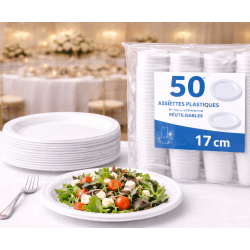 50 assiettes plastiques blanches 17 cm réutilisables - 141164 - Assiettes
