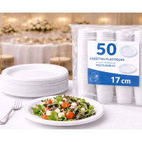 50 assiettes plastiques blanches 17 cm réutilisables - 141164 - Assiettes