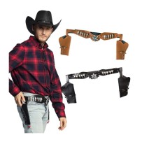 Ceinture Adulte Holster Double – Décor Argent Noir et Brun Assortis - B00583 - Armes factices