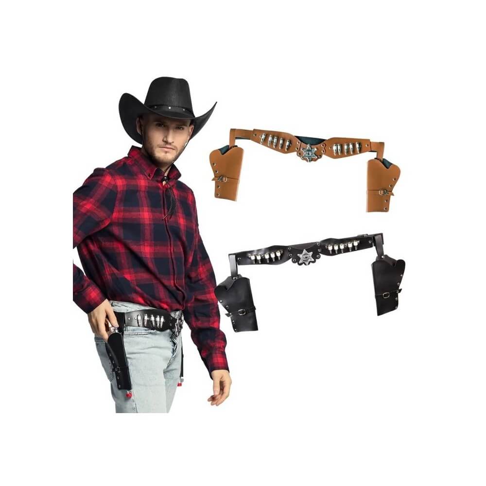 Ceinture Adulte Holster Double – Décor Argent Noir et Brun Assortis - B00583 - Armes factices