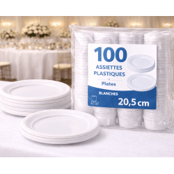 100 assiettes plastiques blanches 20,5 cm réutilisables - 141160 - Assiettes