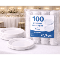 100 assiettes plastiques blanches 20,5 cm réutilisables - 141160 - Assiettes