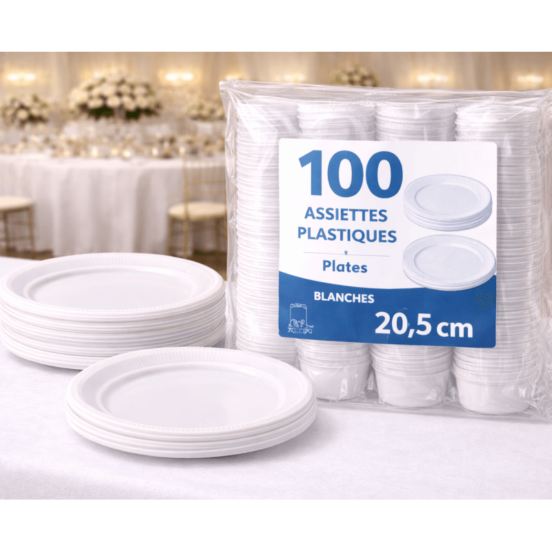 100 assiettes plastiques blanches 20,5 cm réutilisables - 141160 - Assiettes