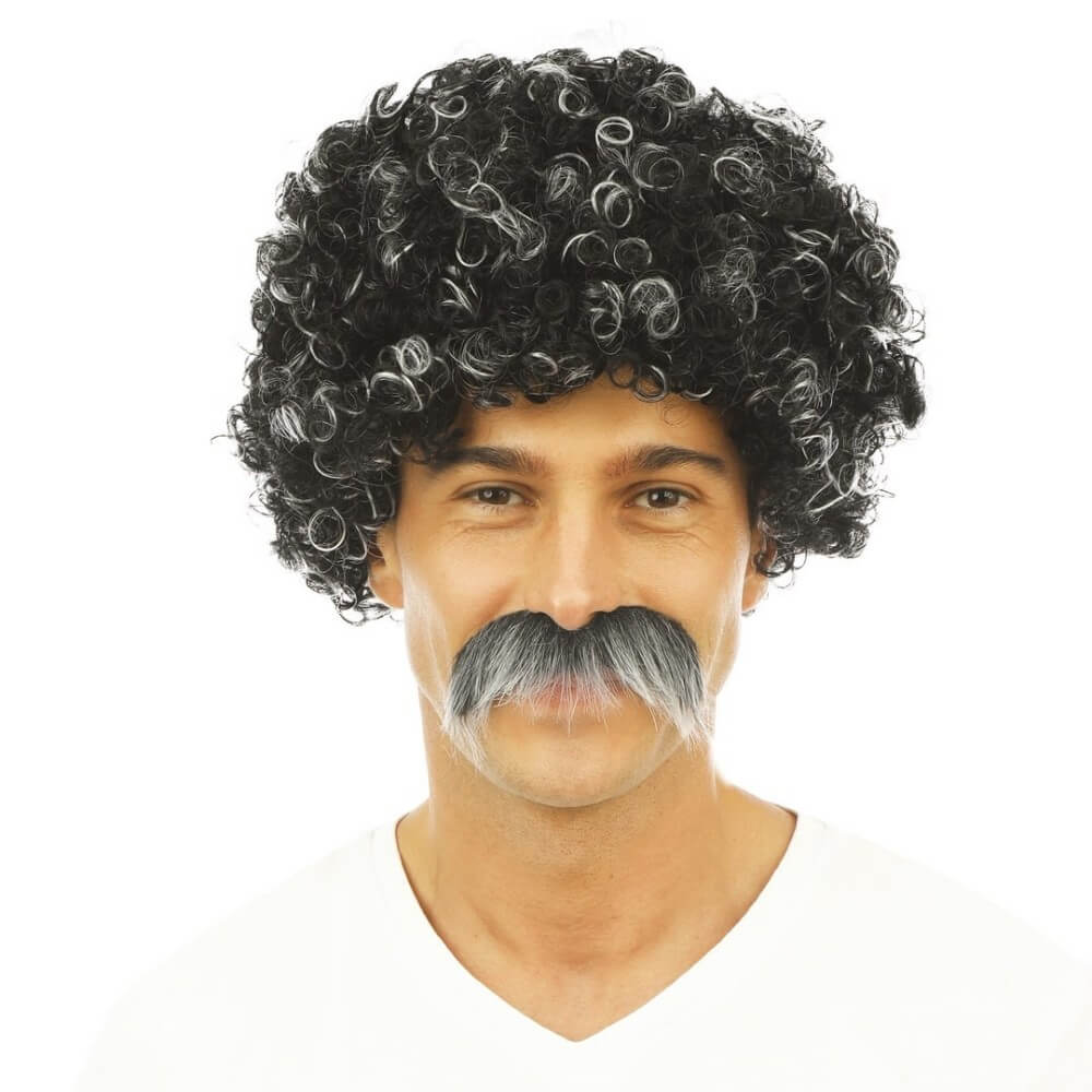 Perruque courte frisée et moustache - gris - 81184 - Perruques