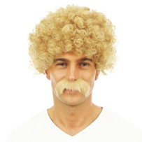 Perruque courte frisée et moustache - blond - 81186 - Perruques