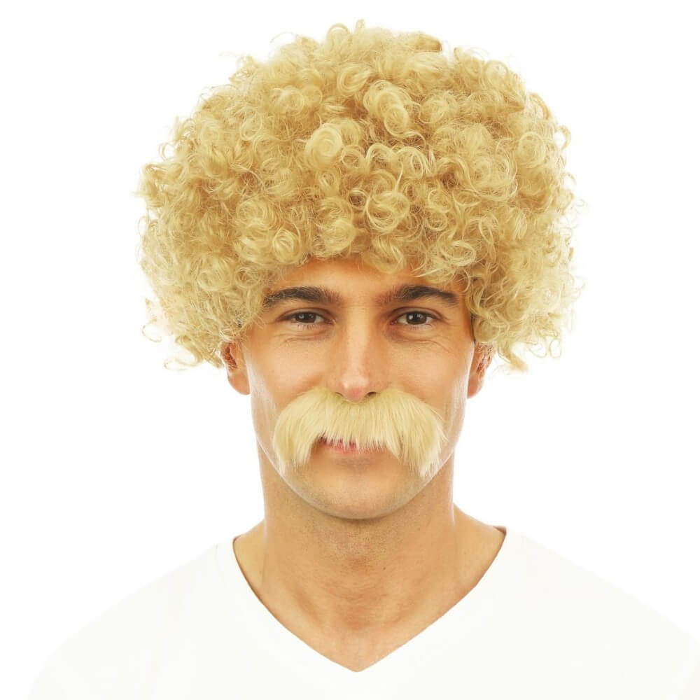 Perruque courte frisée et moustache - blond - 81186 - Perruques