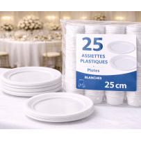 25 assiettes plastiques blanches 25 cm réutilisables - 141188 - Assiettes