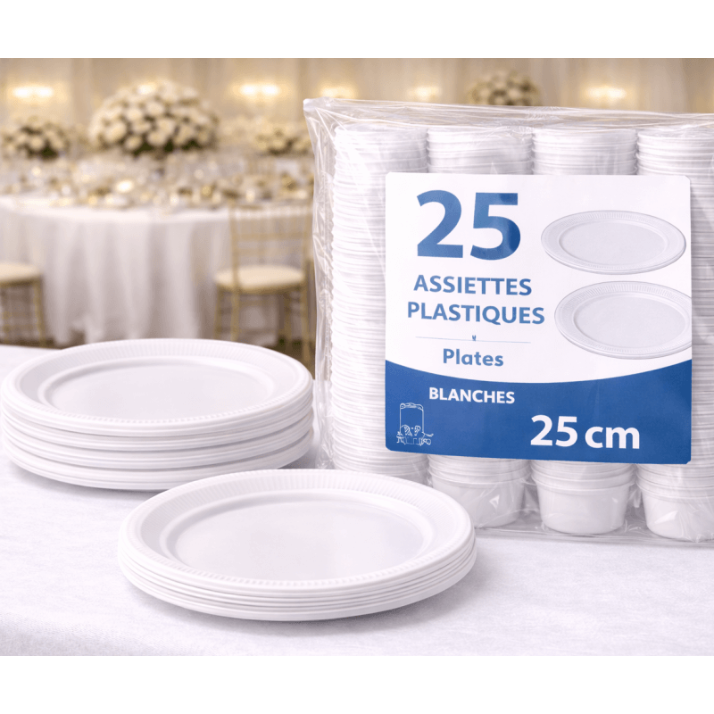25 assiettes plastiques blanches 25 cm réutilisables - 141188 - Assiettes