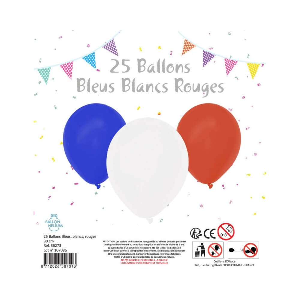 25 Ballons Bleu Blanc Rouge 30 cm - 36273 - Ballons latex