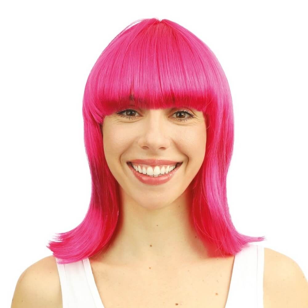 Perruque mi-longue raide avec frange - rose - 89202 - Perruques