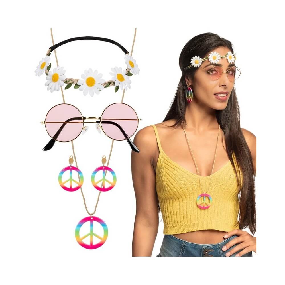 Set Hippie de Luxe 4 accessoires – Bandeau, lunettes, boucles & collier - B44551 - Bijoux fantaisie